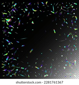 Metal Transparent Falling Particles. Blue, Purple, Green Celebration Background.  Gradient Overlay Neon Foil Tinsel. Holo Glitch Effect Rainbow Tinsel. Rainbow Tinsel. Falling Holograph Confetti.