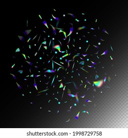 Metal Transparent Falling Particles. Flying Holograph Confetti. Blue, Purple, Green Celebration Background.  Gradient Overlay Vivid Foil Tinsel. Rainbow Tinsel. Holo Glam Effect Rainbow Lights.
