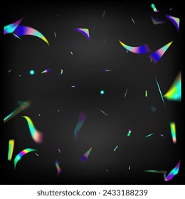 Metal Transparent Falling Particles. Holo Glitch Effect Rainbow Tinsel. Rainbow Tinsel.  Gradient Overlay Neon Foil Tinsel. Falling Hologram Confetti. Blue, Purple, Green Celebration Background.