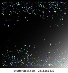 Metal Transparent Falling Particles. Holo Glam Effect Rainbow Bokeh. Rainbow Tinsel.  Gradient Overlay Glare Foil Tinsel. Blue, Purple, Green Celebration Background. Flying Hologram Confetti.