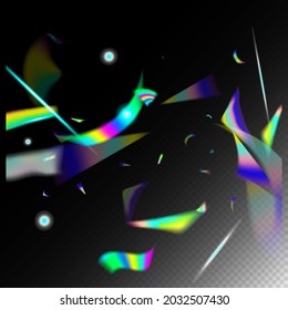 Metal Transparent Falling Particles. Falling Holograph Confetti. Rainbow Tinsel. Holo Glitch Effect Rainbow Bokeh.  Gradient Overlay Glare Foil Tinsel. Blue, Purple, Green Celebration Background.