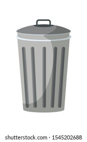 Metal trash bin flat vector illustration. Urban garbage container with closed lid isolated clipart on white background. Cartoon grey metallic garbage can. City street dustbin design element