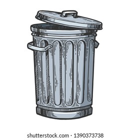 Metal trash can color sketch engraving vector illustration. Scratch board style imitation. Hand drawn image.