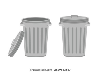 Metal trash can. Garbage cans with open and closed cover. design isolated on white background. Flat vector illustration