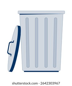 Metal trash can with open lid 2D cartoon object. Garbage bin. Delete icon. Waste disposal. Junk container. Dustbin trashcan isolated element flat vector clip art on white. Spot illustration