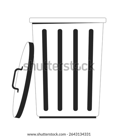 Metal trash can with open lid 2D line object. Garbage bin. Delete icon. Waste disposal. Junk container. Dustbin trashcan isolated clipart vector ink outline item. Monochrome spot illustration
