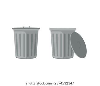 Metal trash can. Set of trash cans with open and closed lid. design isolated on white background. Flat vector illustration