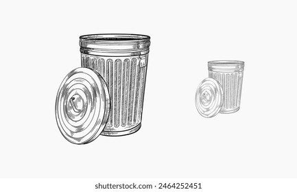 La basura de metal puede bosquejar la Ilustración vectorial de grabado. Imitación de estilo de tabla de rascar. Imagen dibujada a mano