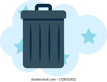 La basura metálica puede vectores Diseño de iconos planos, Suministros de limpieza sobre fondo de burbujas, Borrar signo