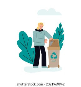 Metal trash sorting and recycling ecological concept - woman putting empty aluminium jar into garbage bin, cartoon sketch vector illustration in doodle style isolated.