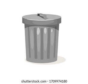 Metal trashcan for garbage with closed cover vector illustration. Empty rubbish can cartoon design. Ecology and environment concept. Isolated on white background