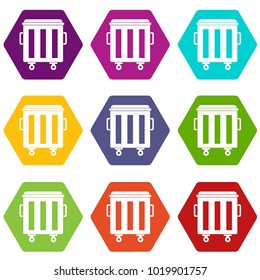 Metal trashcan icon set many color hexahedron isolated on white vector illustration