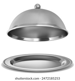 A metal tray and a cloche lid on a white background. Vector illustration