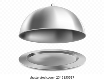 Metal tray with a cloche. Restaurant dish. Template isolated on transparent background. vector mockup