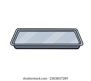 Metal tray. Medical or restaurant element. Flat aluminum platter. Cartoon illustration isolated on white background