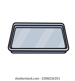 Metal tray. Medical or restaurant element. Flat aluminum platter. Cartoon illustration isolated on white background