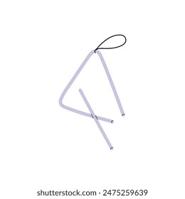 Metal triangle with stick, beater. Professional percussion music instrument to play rhythm on orchestral performance, philharmonic concert. Flat isolated vector illustration on white background