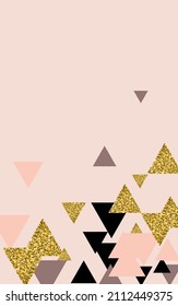 Metal Triangle Vector Pink Background. Rose Mosaic Shiny Poster. Bright Polygon Art Design. Gold  Gradient Texture.