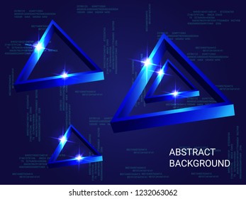 Metal triangles sparkle on the background. 3D vector illustration . Futuristic geometric background. Abstract composition. Blue  three-dimensional metal triangle in space.