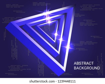 Metal triangles sparkle on the background. Futuristic geometric background. Abstract composition. 3D vector illustration . Blue  three-dimensional metal triangle in space.