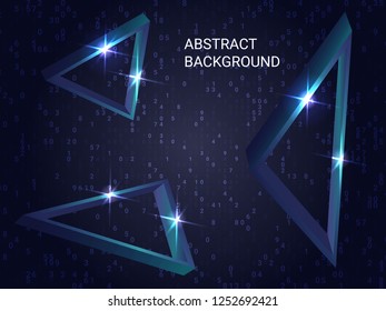 Metal triangles sparkle on the background. Creative geometric background. Abstract composition. 3D vector illustration . Blue  three-dimensional metal triangle in space.