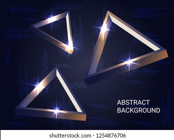 Metal triangles sparkle on the background. Minimal geometric background. Abstract composition. 3D vector illustration . Bronze  three-dimensional metal triangle in space.