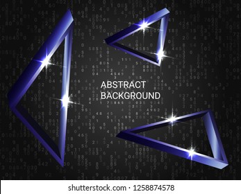 Metal triangles sparkle on the background. 3D vector illustration . Modern geometric background. Abstract composition. Blue  three-dimensional metal triangle in space.