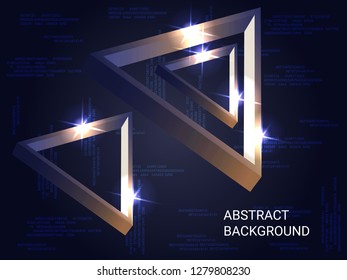 Metal triangles sparkle on the background. 3D vector illustration . Creative geometric background. Abstract composition. Bronze  three-dimensional metal triangle in space.