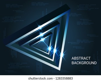 Metal triangles sparkle on the background. Minimal geometric background. Abstract composition. 3D vector illustration . Blue  three-dimensional metal triangle in space.