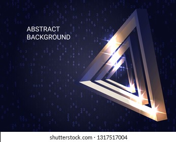 Metal triangles sparkle on the background. 3D vector illustration . Futuristic geometric background. Abstract composition. Bronze  three-dimensional metal triangle in space.