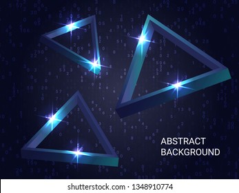 Metal triangles sparkle on the background. Futuristic geometric background. Abstract composition. 3D vector illustration . Blue  three-dimensional metal triangle in space.