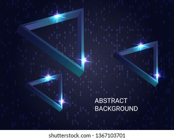 Metal triangles sparkle on the background. Futuristic geometric background. Abstract composition. 3D vector illustration . Blue  three-dimensional metal triangle in space.