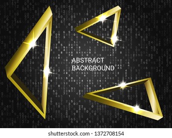 Metal triangles sparkle on the background. 3D vector illustration . Minimal geometric background. Abstract composition. Gold  three-dimensional metal triangle in space.
