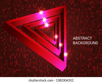 Metal triangles sparkle on the background. 3D vector illustration . Minimal geometric background. Abstract composition. Red  three-dimensional metal triangle in space.