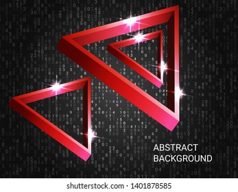 Metal triangles sparkle on the background. Creative geometric background. Abstract composition. 3D vector illustration . Red  three-dimensional metal triangle in space.