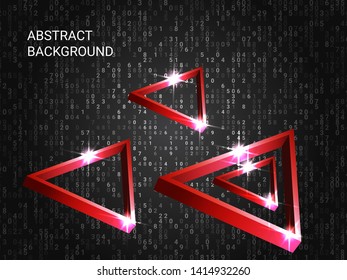 Metal triangles sparkle on the background. 3D vector illustration . Minimal geometric background. Abstract composition. Red  three-dimensional metal triangle in space.