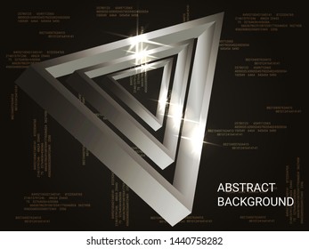 Metal triangles sparkle on the background. Minimal geometric background. Abstract composition. 3D vector illustration . Silver  three-dimensional metal triangle in space.