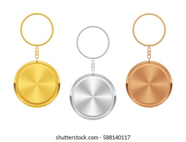 Metal Trinket. Realistic Keychain Template. Set of Golden, Silver and Bronze Circle Shape. Vector stock illustration.