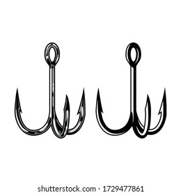 Metal triple fishing hooks concept in vintage monochrome style isolated vector illustration