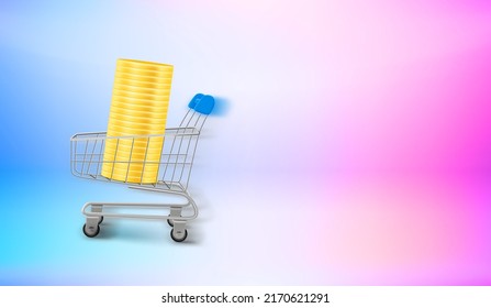 Metal trolley with money and motion blur effect. 3d vector banner with copy space