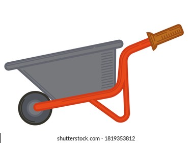 Metal trolley with wheel and handle for transporting harvested products. Gardening and agriculture, horticulture wheelbarrow for farmers. Farming instruments, vintage construction vector in flat