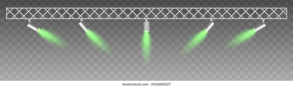 Metal truss com holofotes ajustáveis emitindo vigas verdes macias, holofote. projetor. Configuração de estilo industrial com iluminação focada, luz de palco, exposições, interior moderno