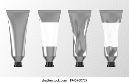 Metal Tube For Hand Cream Or Paints 3d Mockup Front View, Aluminium Or Silver Colored Packaging With Blank Label And Black Cap. Full, Used Cosmetics Product, Glue Or Toothpaste Pack, Realistic Vector