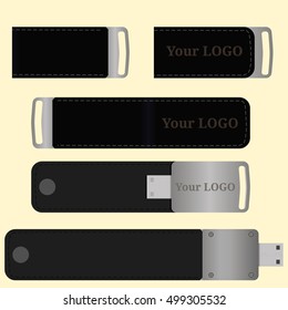 Metal USB flash card. Black flash drive mock-up with place for your logo.