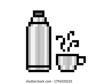 Metal vacuum flask with a cup of hot drink, pixel art icon isolated on white background. Travelling beverage container symbol. 8 bit old school vintage retro slot machine/video game graphics.