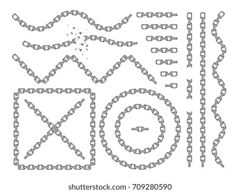 Metal vector chains isolated. Chrome chain icons and brushes set. Chain broken link, strong line connection chain illustration