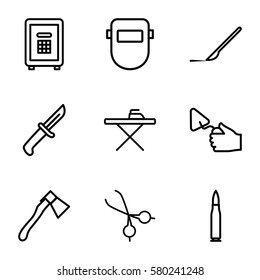 metal vector icons. Set of 9 metal outline icons such as ironing table, trowel, welder mask, axe, scalpel, safe, medical scissors, knife