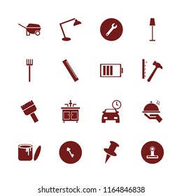 metal vector icons set. with desk table lamp, push pin, wheelbarrow and floor lamp in set