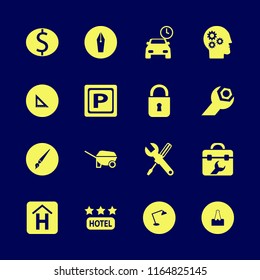 metal vector icons set. with lock, wrench gear, parking sign and toolbox in set