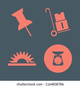 metal vector icons set. with saw, handcart, push pin and kitchen scale in set